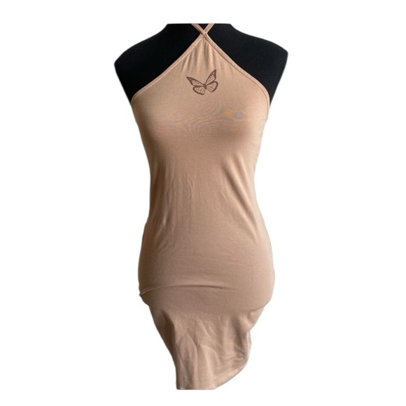 Divided Tan Sleeveless Halter Bodycon Dress - Picture 1 of 6
